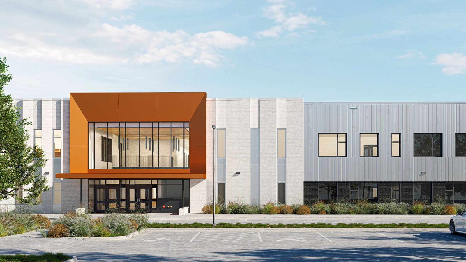 Rendering of École Iskonakwa School showing front entrance and facade.