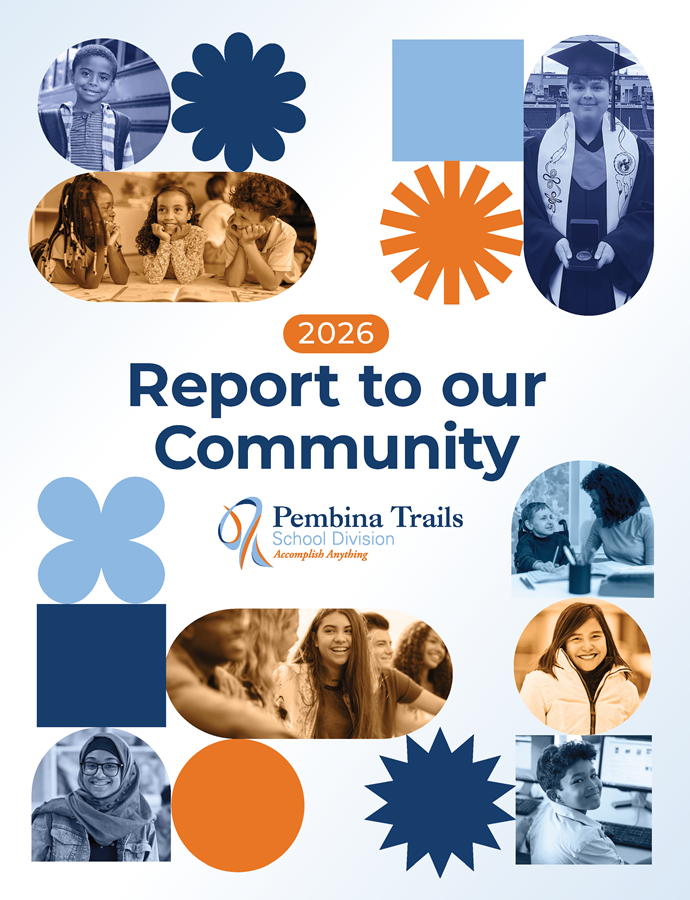 Pembina Trails Annual Report to our Community cover page showing multiple faces of smiling and engaged students