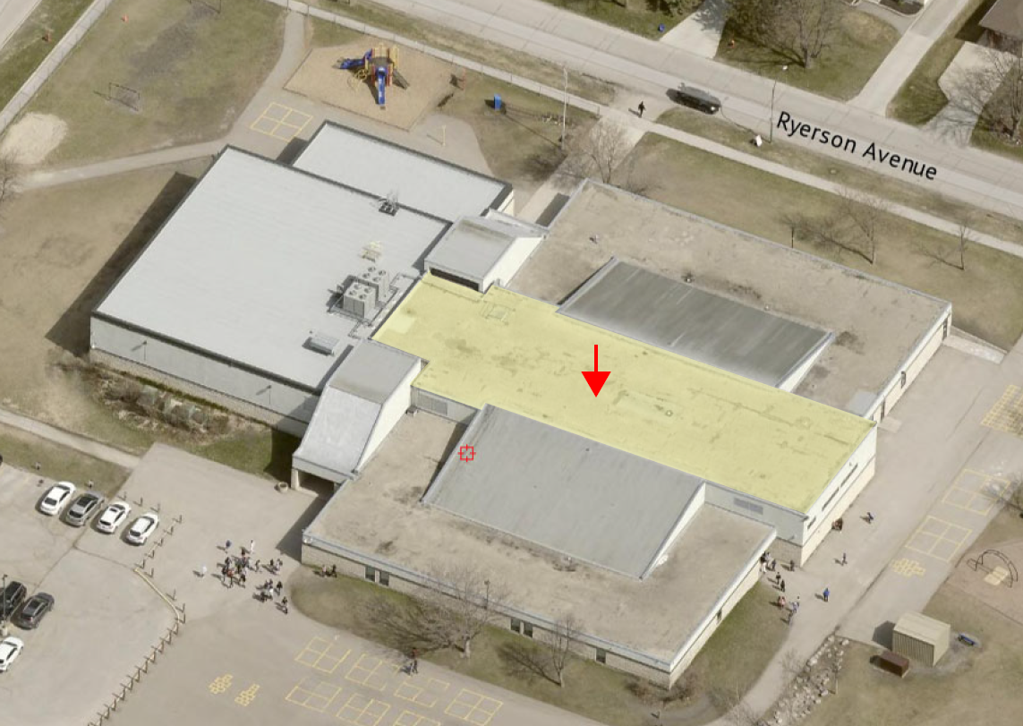 Overhead view of Prairie Sunrise School indicating the middle section of the school's roof will be replaced.