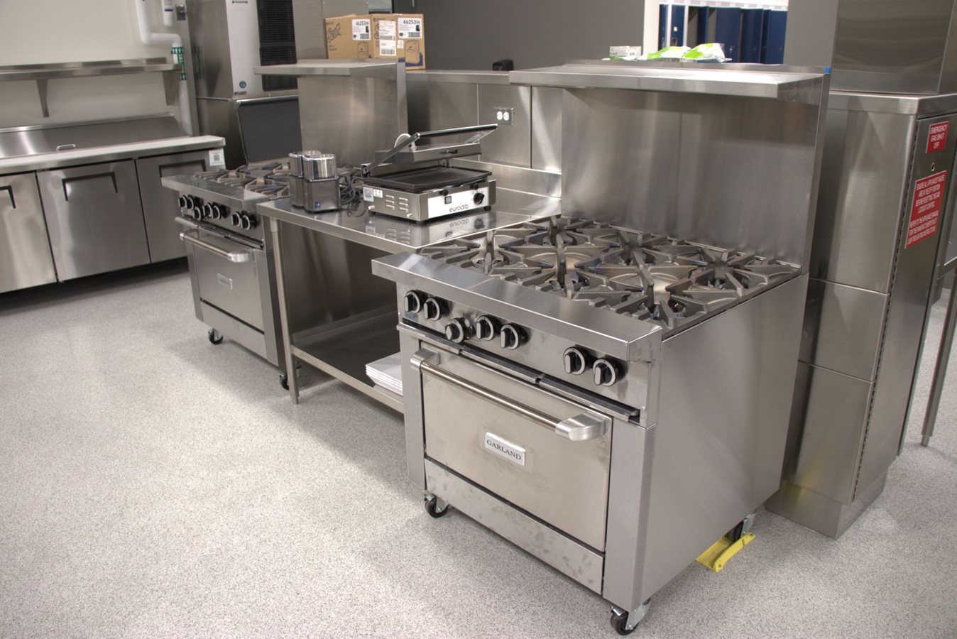 Industrial stoves and ovens in the kitchen area of the Technical Vocational Education wing that will serve the culinary and pastry arts programs.