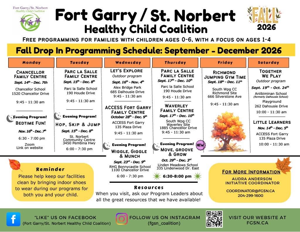 Fort Garry/St. Norbert Healthy Child Coalition fall 2026 drop-in programming schedule