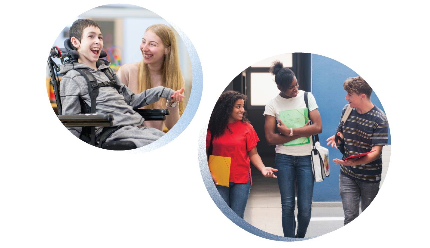 Two separate images show a student with additional needs with an EA, and three high school students in the hallway walking and talking.